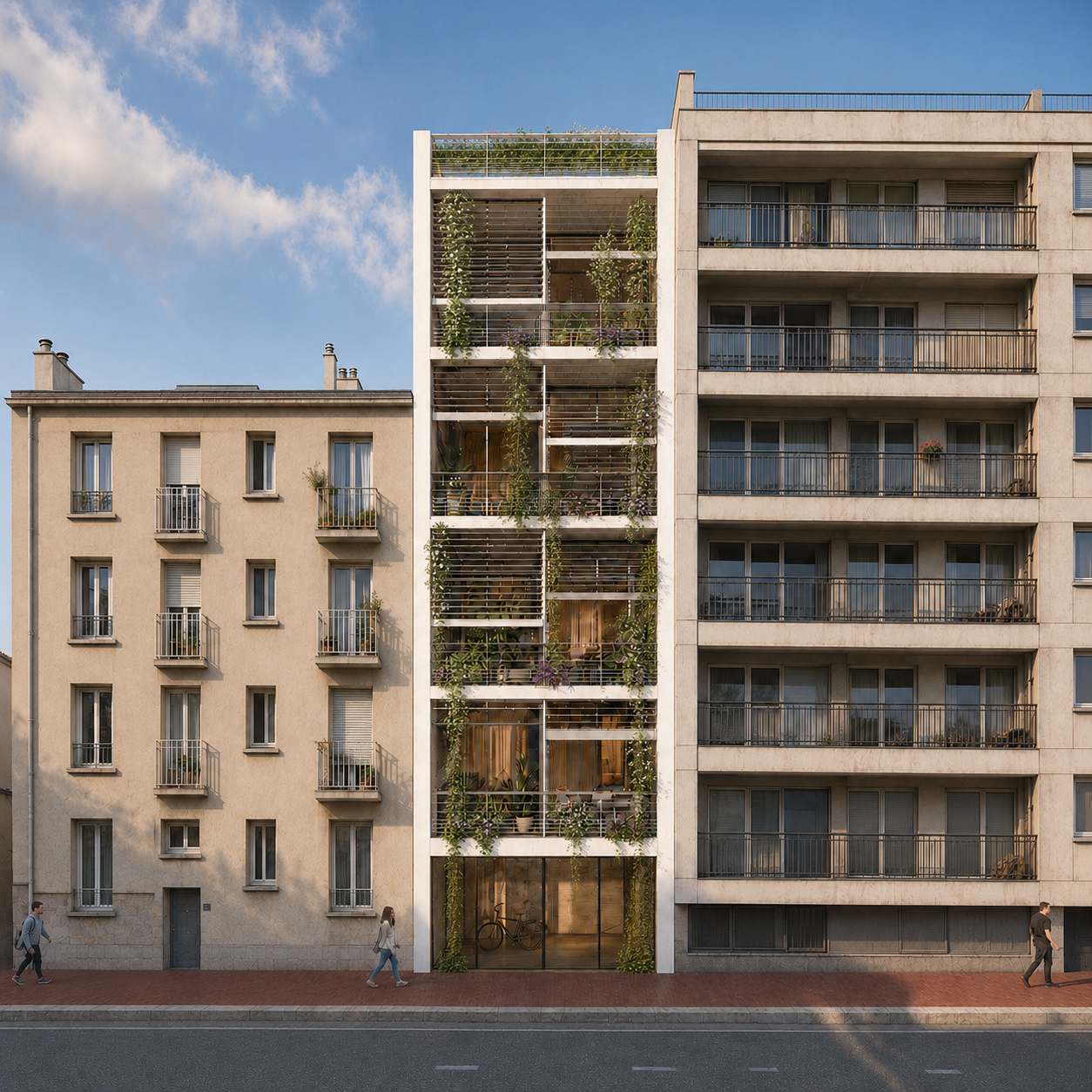Immeuble 5MC à L’Île-Saint-Denis, façade végétalisée entre les mitoyens, perspective