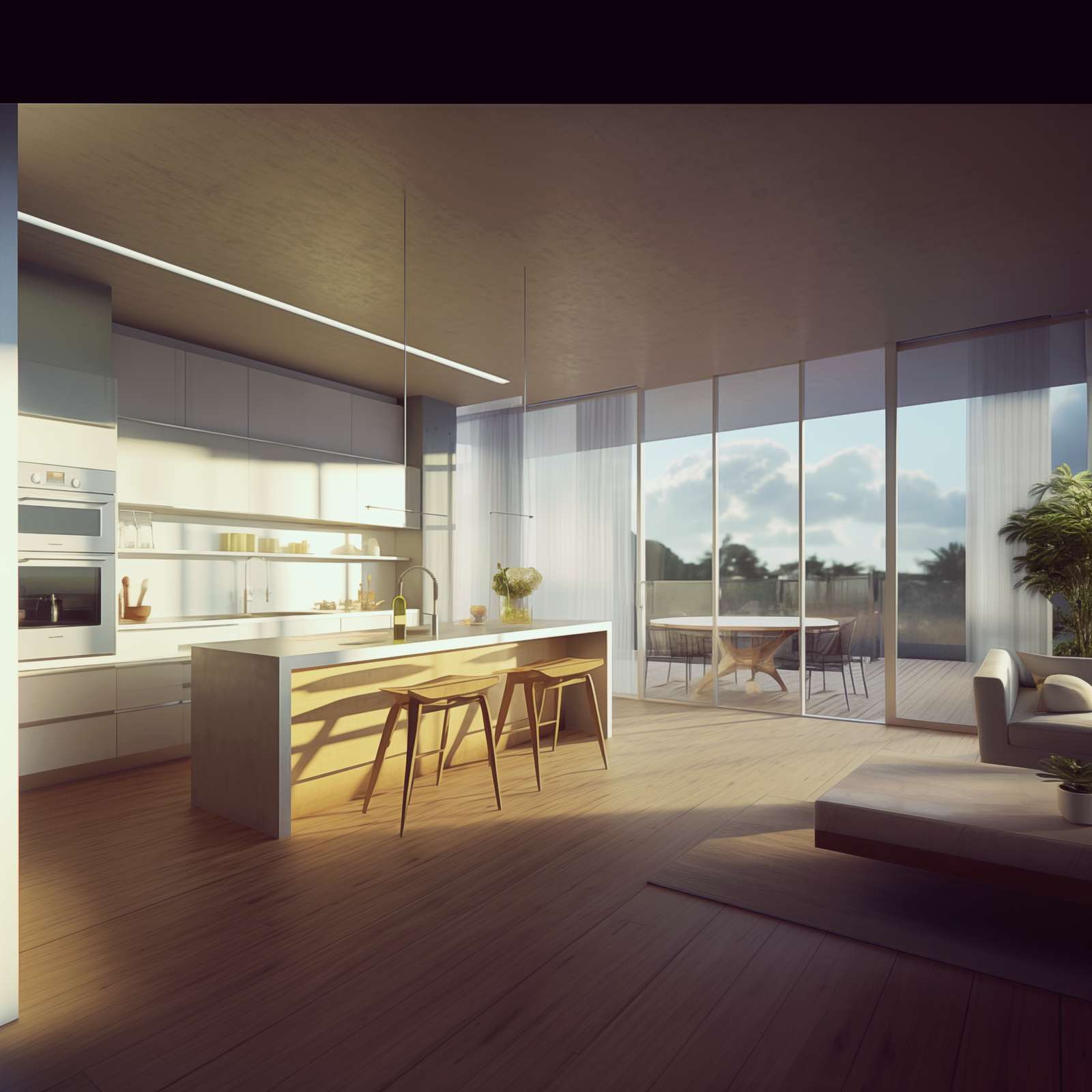 Intérieur de l’immeuble 5MC, cuisine et séjour ouverts sur le balcon planté