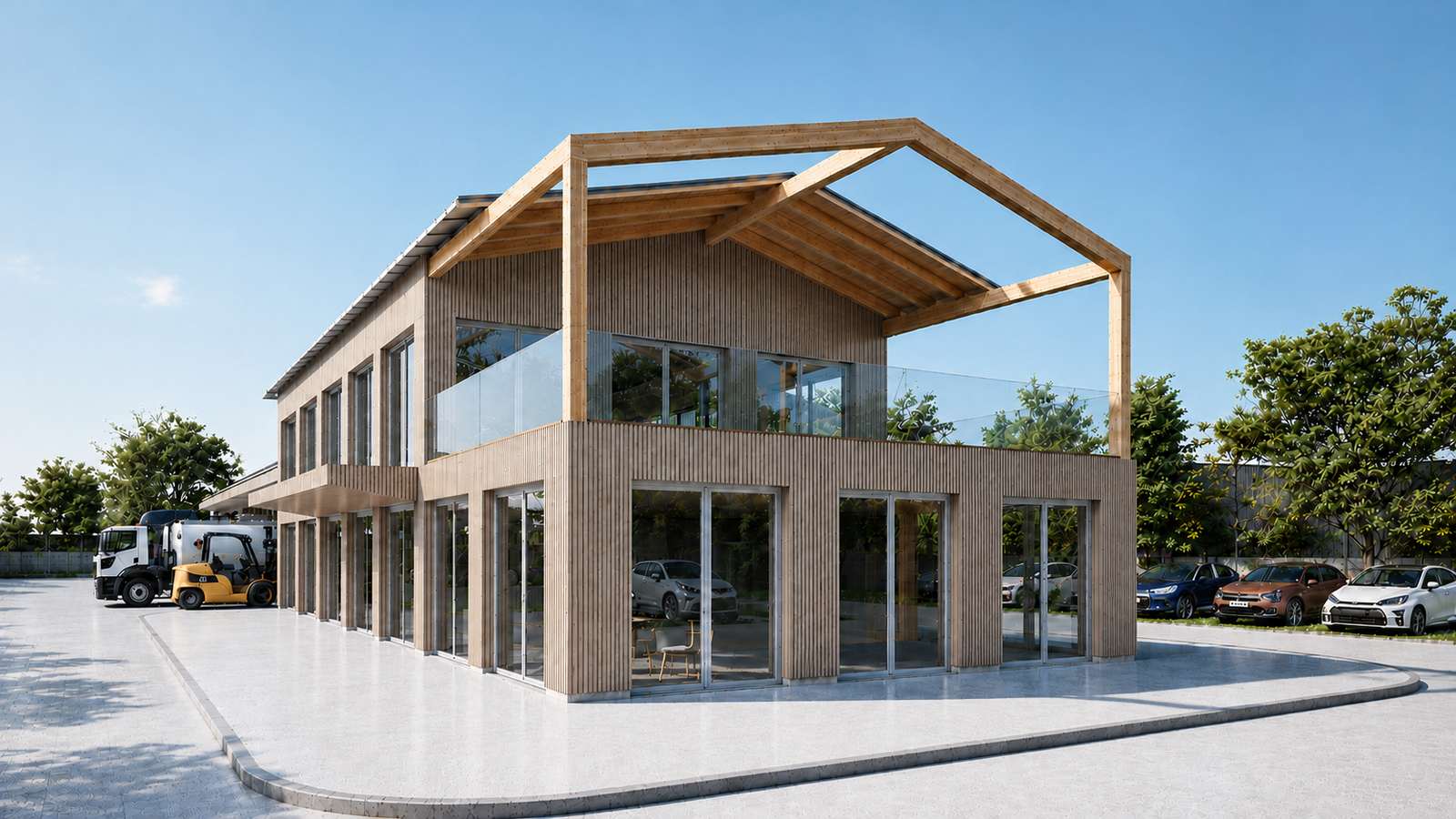 Le bâtiment de bureaux du complexe de Valognes, charpente bois apparente et terrasse