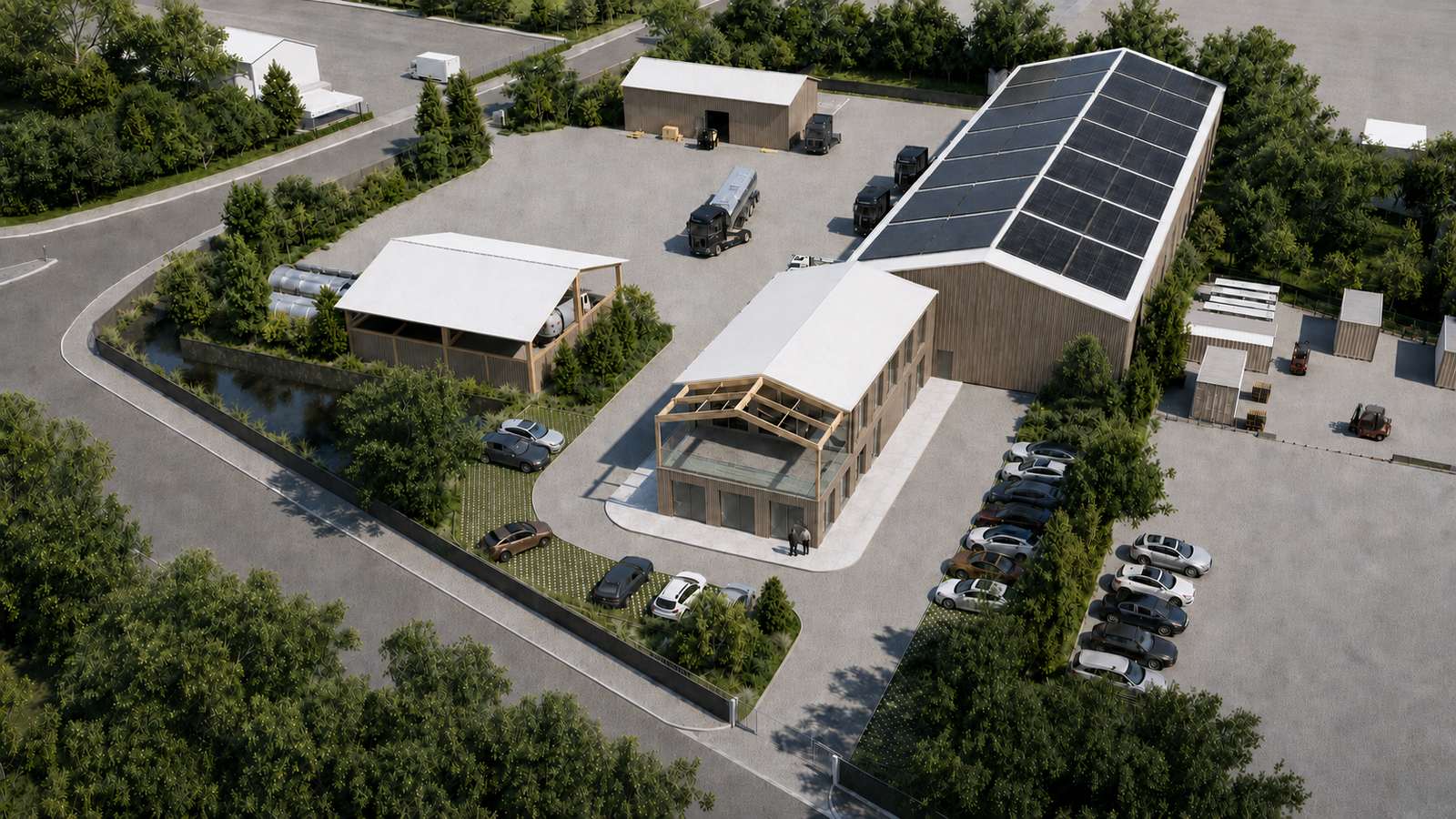Le complexe industriel de Valognes, hangars bois et toitures photovoltaïques, vue aérienne