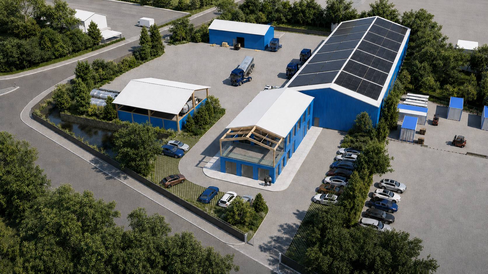 Variante bois du complexe industriel de Valognes, vue depuis la voie d’accès