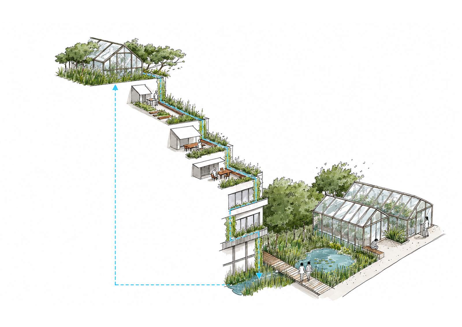 Schéma des serres et terrasses cultivées de Côté ville, côté champs