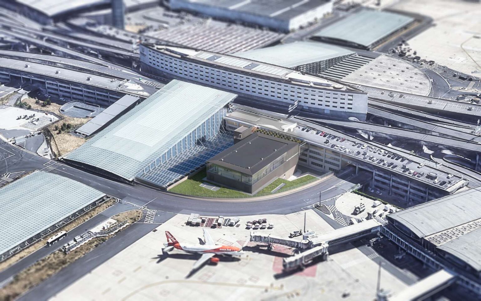 La gare de la ligne 17 dans l’aéroport Charles-de-Gaulle, vue aérienne, image Benthem Crouwel Architects