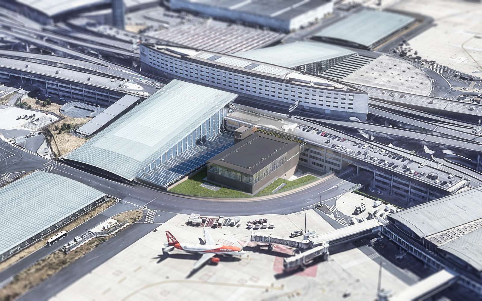 La gare de la ligne 17 dans l’aéroport Charles-de-Gaulle, vue aérienne, image Benthem Crouwel Architects