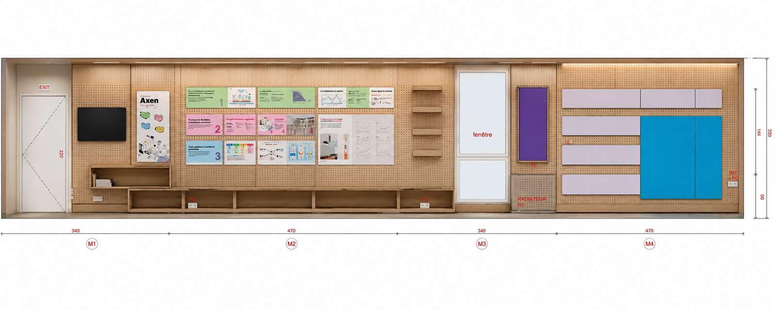 Showroom Habiter l’énergie à Palaiseau, meuble d’exposition en bois