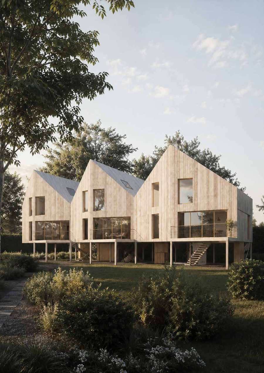 Trois maisons en bois portées sur pilotis, Noisy-le-Grand