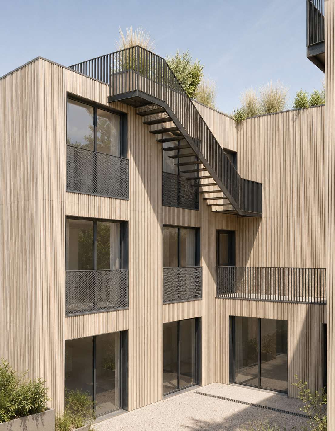 Cour intérieure des logements du 140 à Bezons, escalier métallique vers la toiture plantée