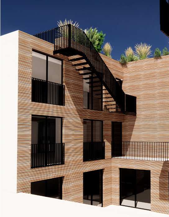 Logements du 140 à Bezons, gradins en bardage bois