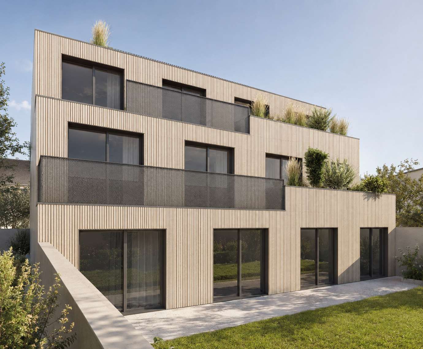Façade jardin des logements du 140 à Bezons, gradins plantés et tasseaux bois