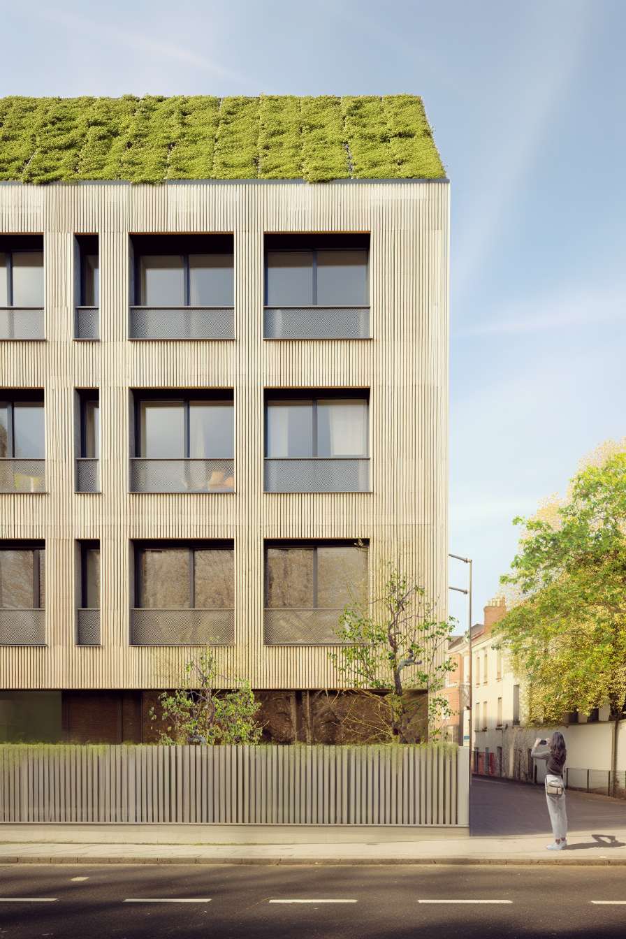 Logements du 140 avenue Édouard-Vaillant à Bezons, façade en tasseaux bois et toiture végétalisée