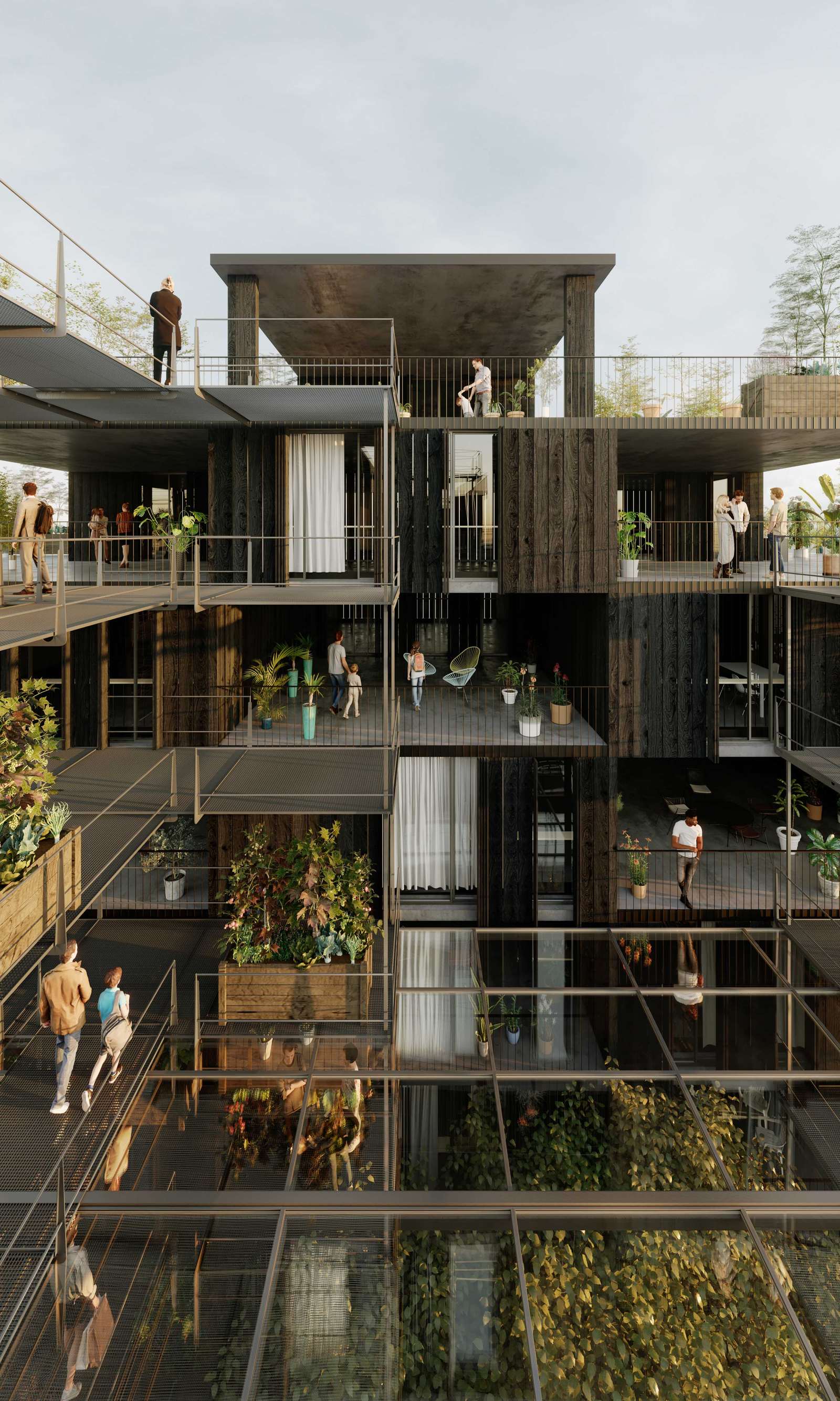 Logements 50/50 à Aubervilliers, la passerelle plantée entre les structures