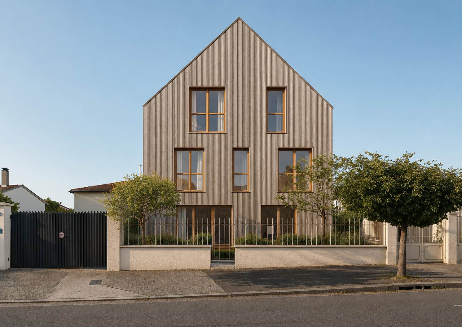 Les logements de la rue du Rateau à La Courneuve, façade bardée de bois clair sous pignon