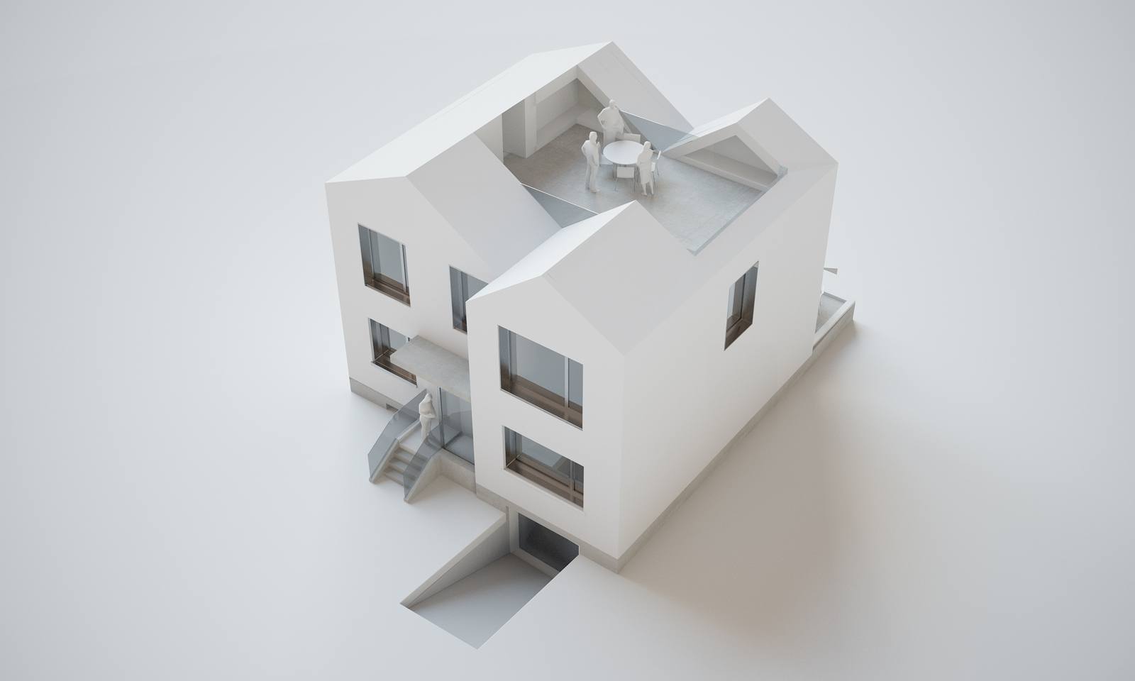 Axonométrie du projet de la maison blanche, toit-terrasse entre les deux pignons