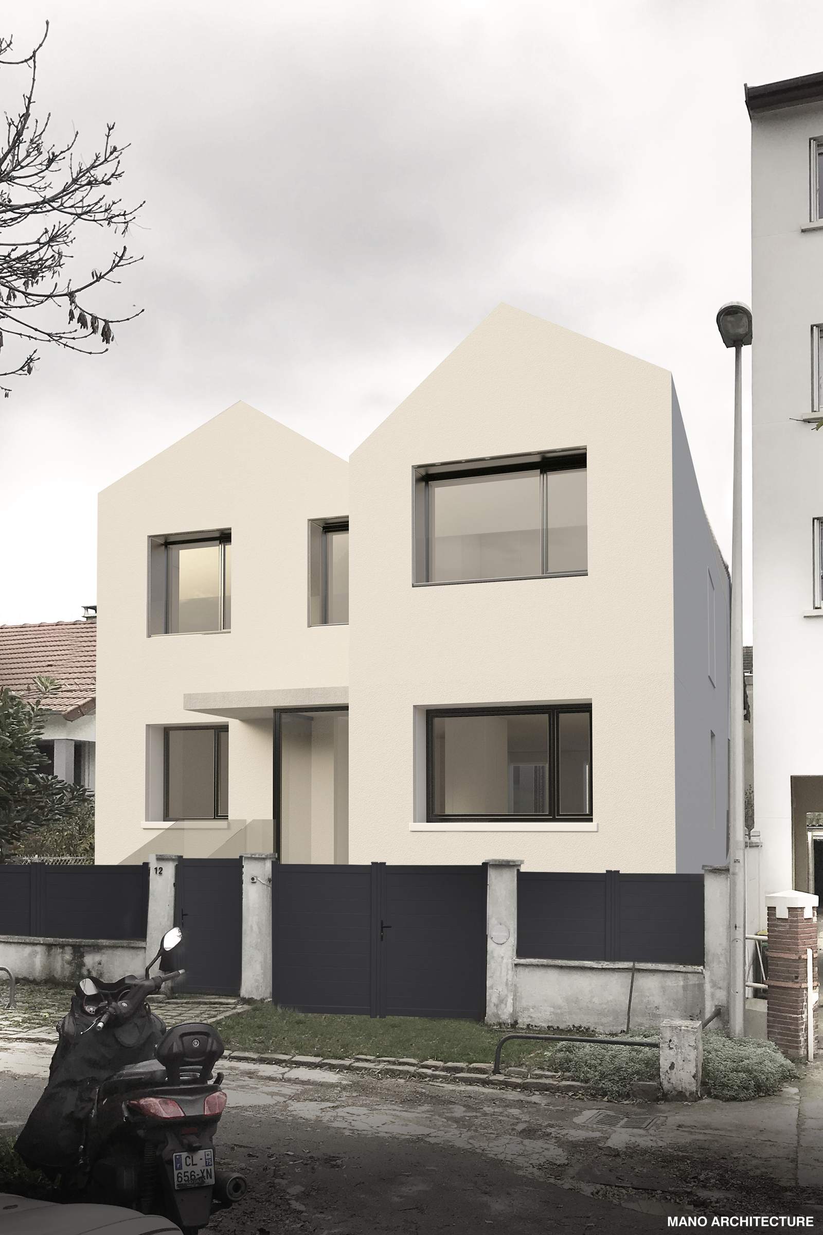 La maison blanche à Courbevoie, façade sur rue aux deux pignons