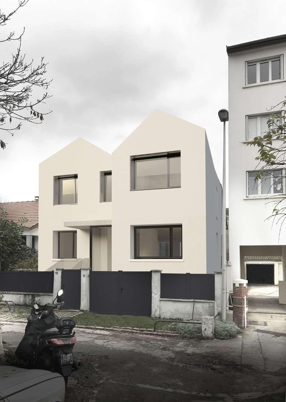 Le projet de la maison blanche, deux pignons d’enduit blanc, perspective