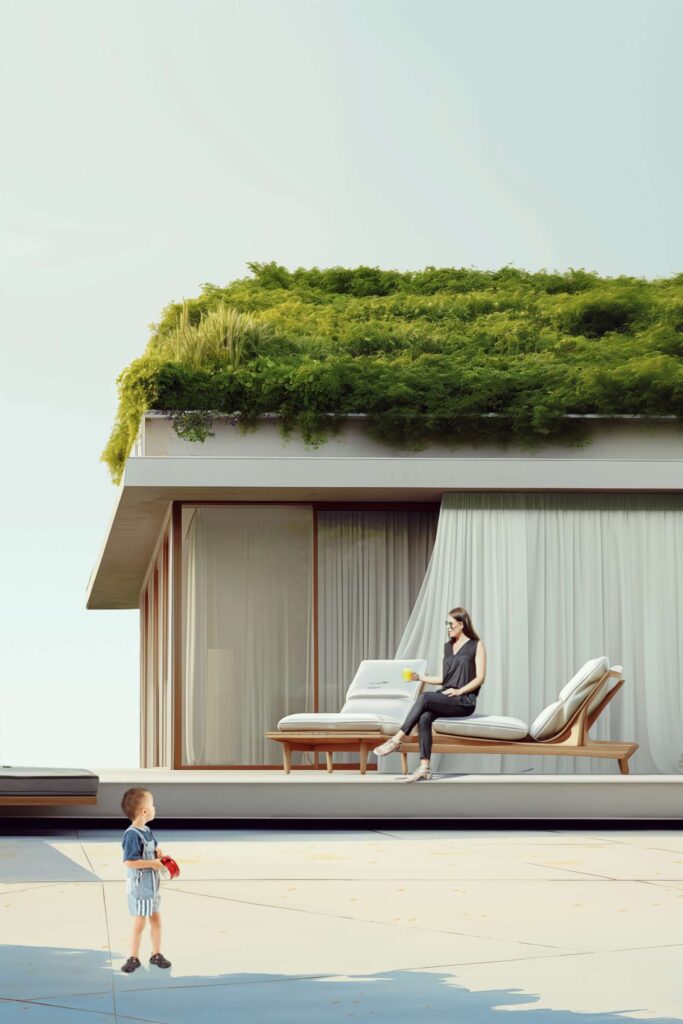 La maison BVT au Liban, terrasse sous le toit végétalisé, perspective