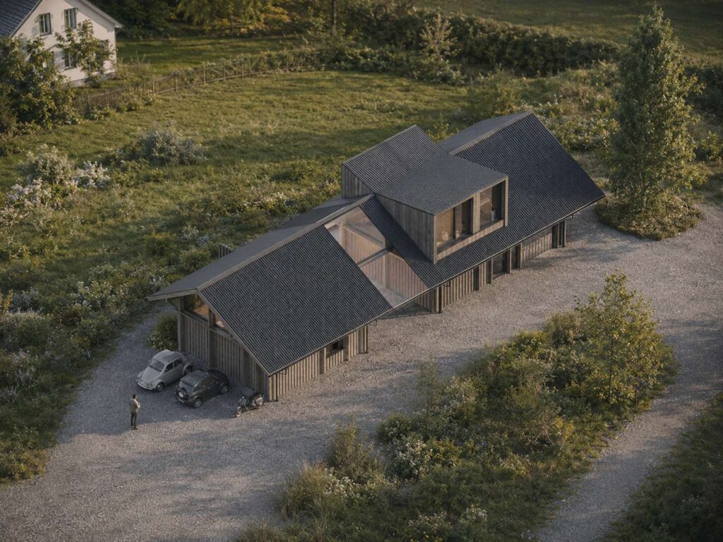 La maison de La Torche vue du ciel, toits sombres dans la lande de Penmarc’h