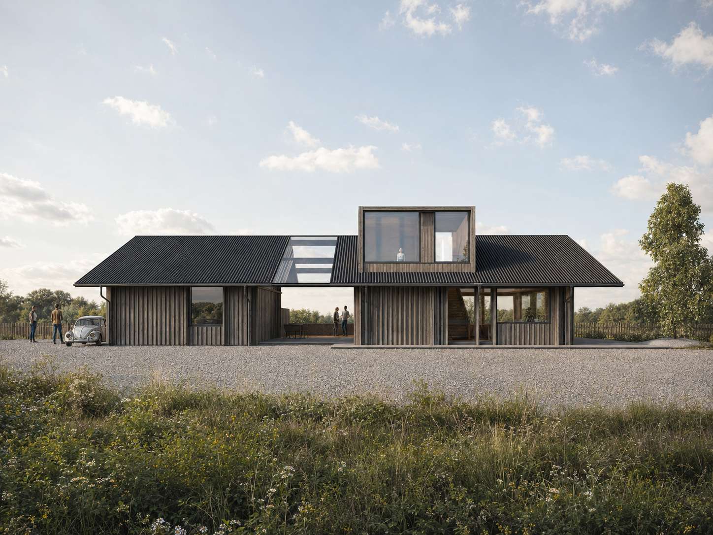 Élévation de la maison de La Torche, volumes bas sous un même faîte dans la lande