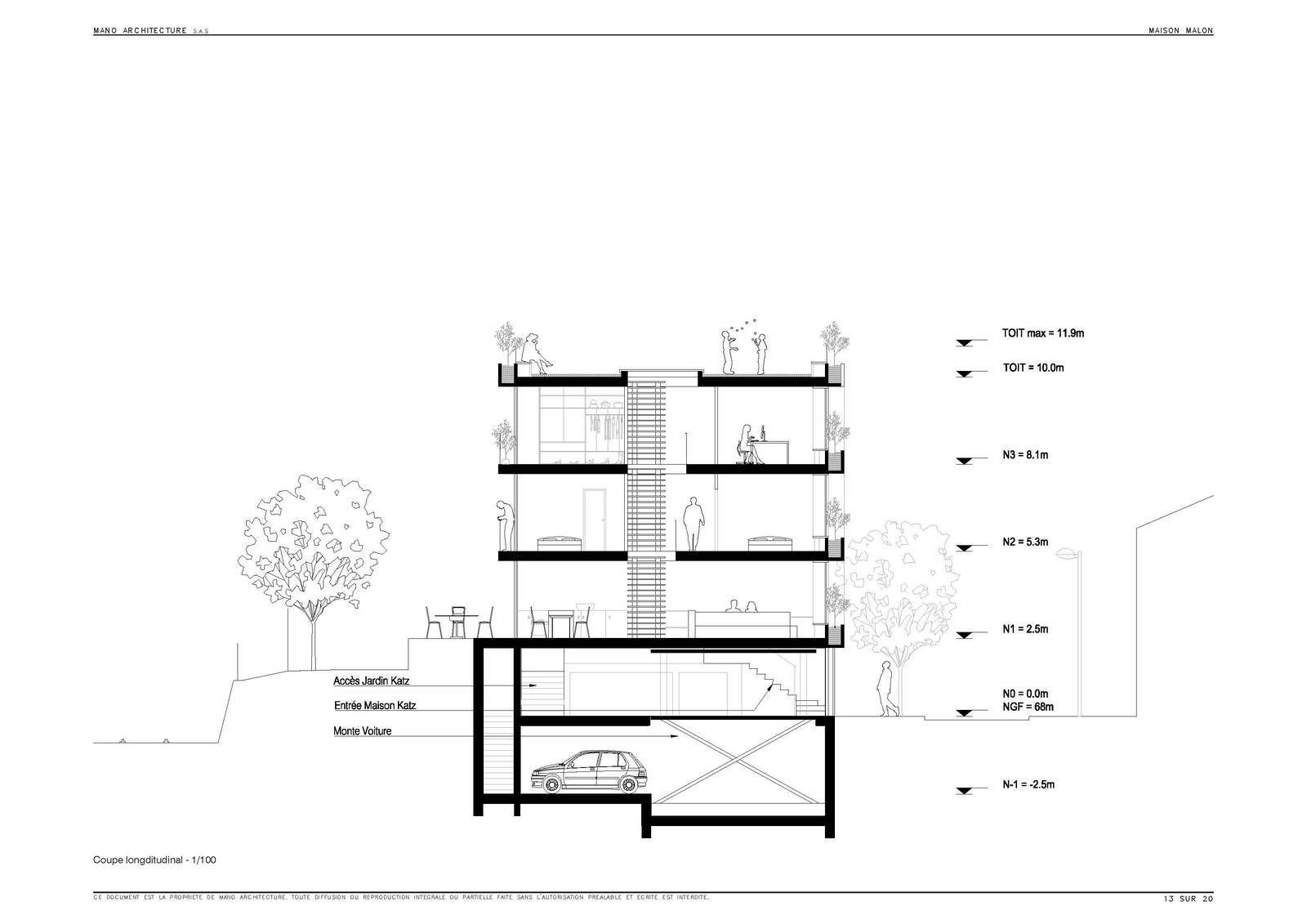 Coupe longitudinale de la maison Malon, garages enterrés, niveaux empilés, toit-terrasse