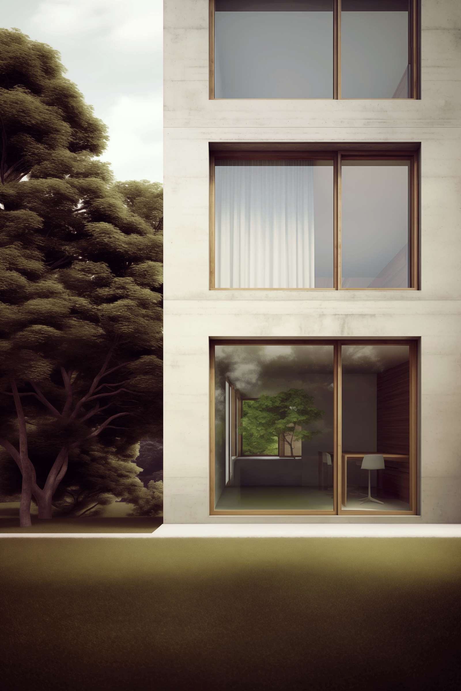 La maison Malon, façade en béton et grandes baies en bois sous les arbres