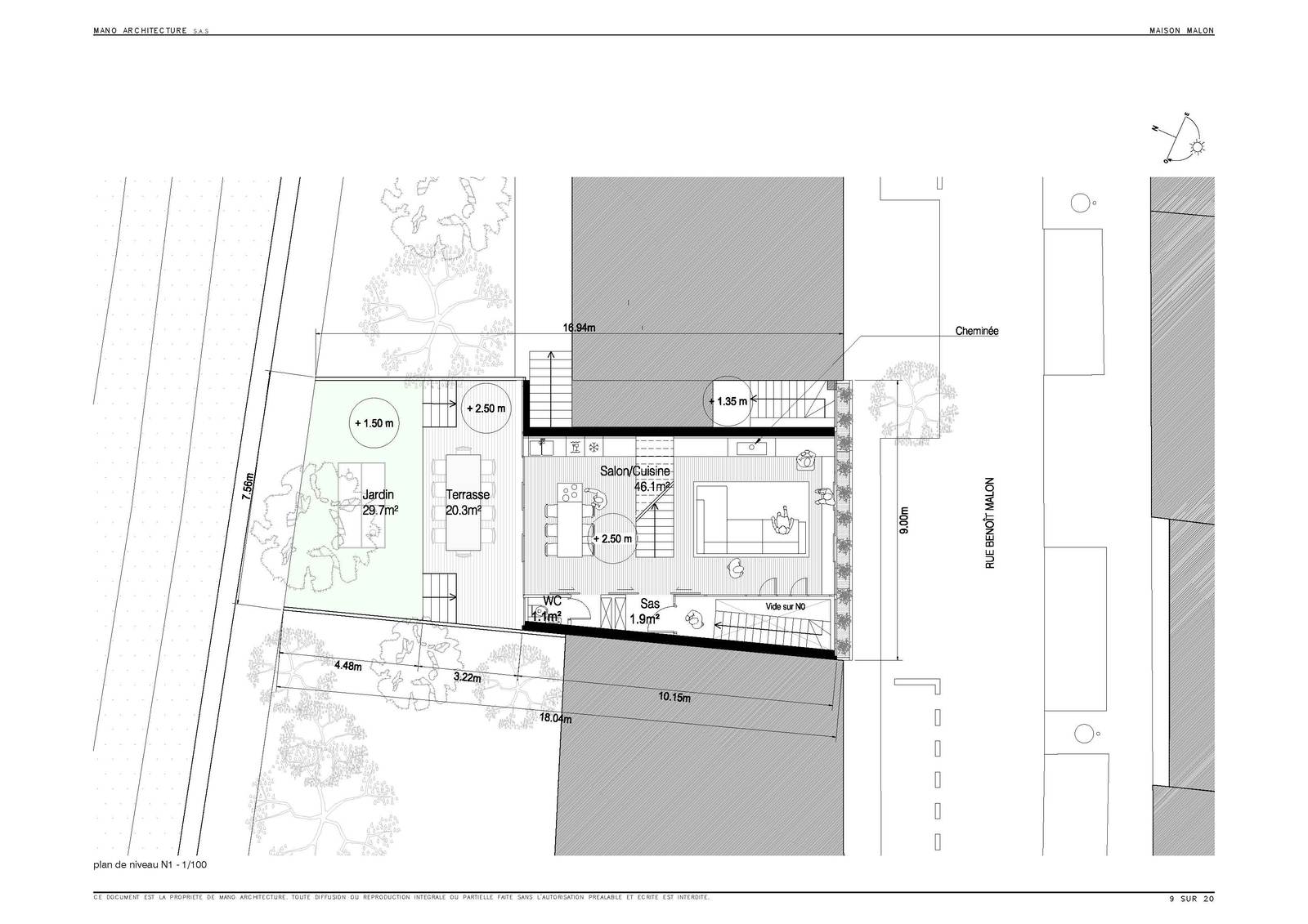 Plan du niveau de vie de la maison Malon, salon-cuisine, terrasse et jardin en surplomb