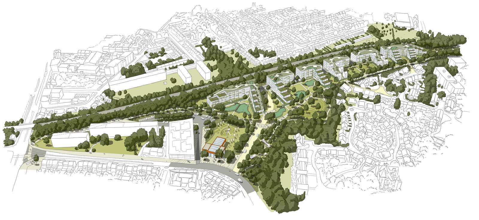 Aménagement paysager à Lambersart, axonométrie générale du parc habité