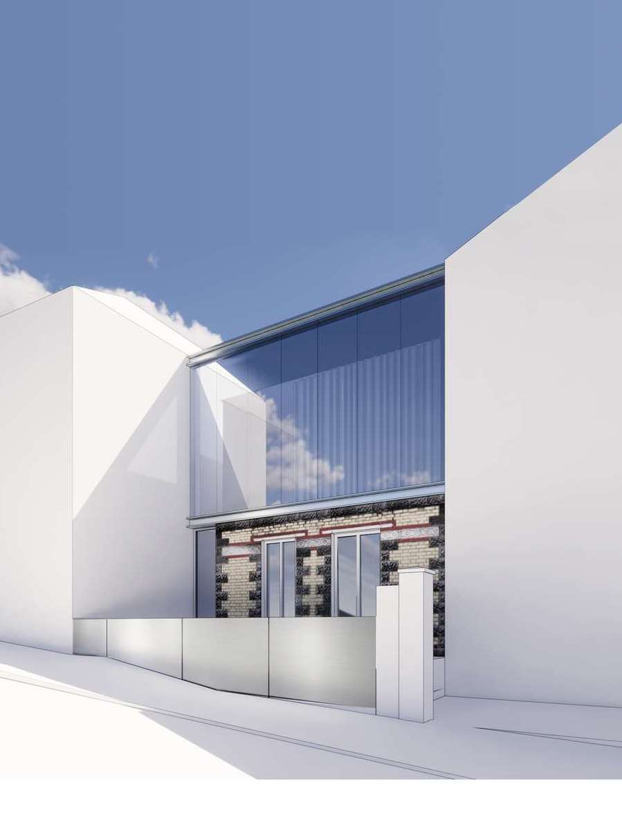Surélévation du 26 bis rue Lénine à Bagnolet, verrière posée sur la façade en meulière, perspective