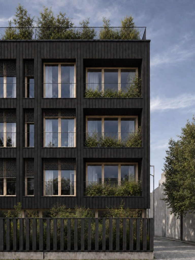 Façade sur rue de Bois de ville à Bezons, bardage en bois brûlé et toiture plantée