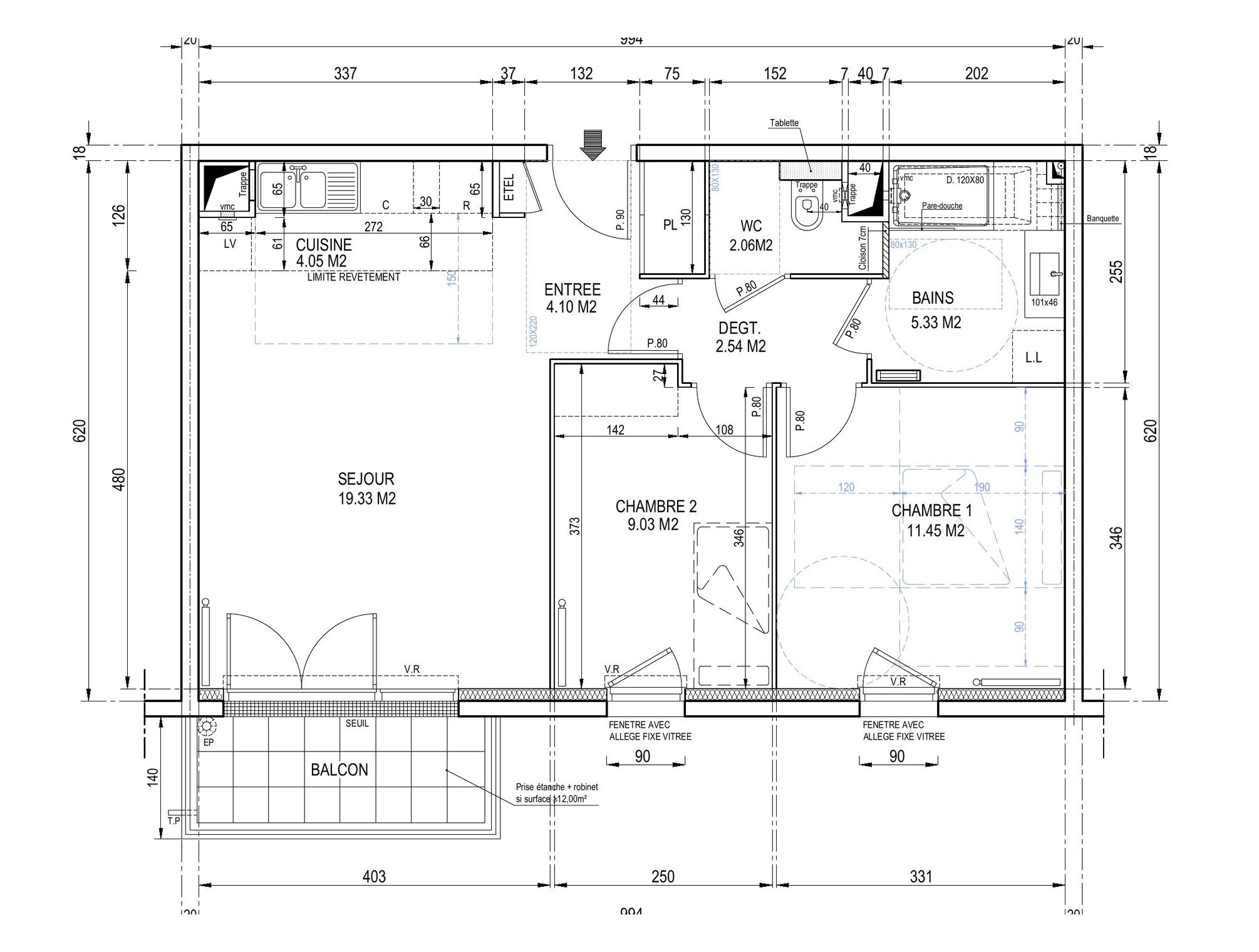 Plan d’un logement de trois pièces redessiné, Corbeil-Essonnes