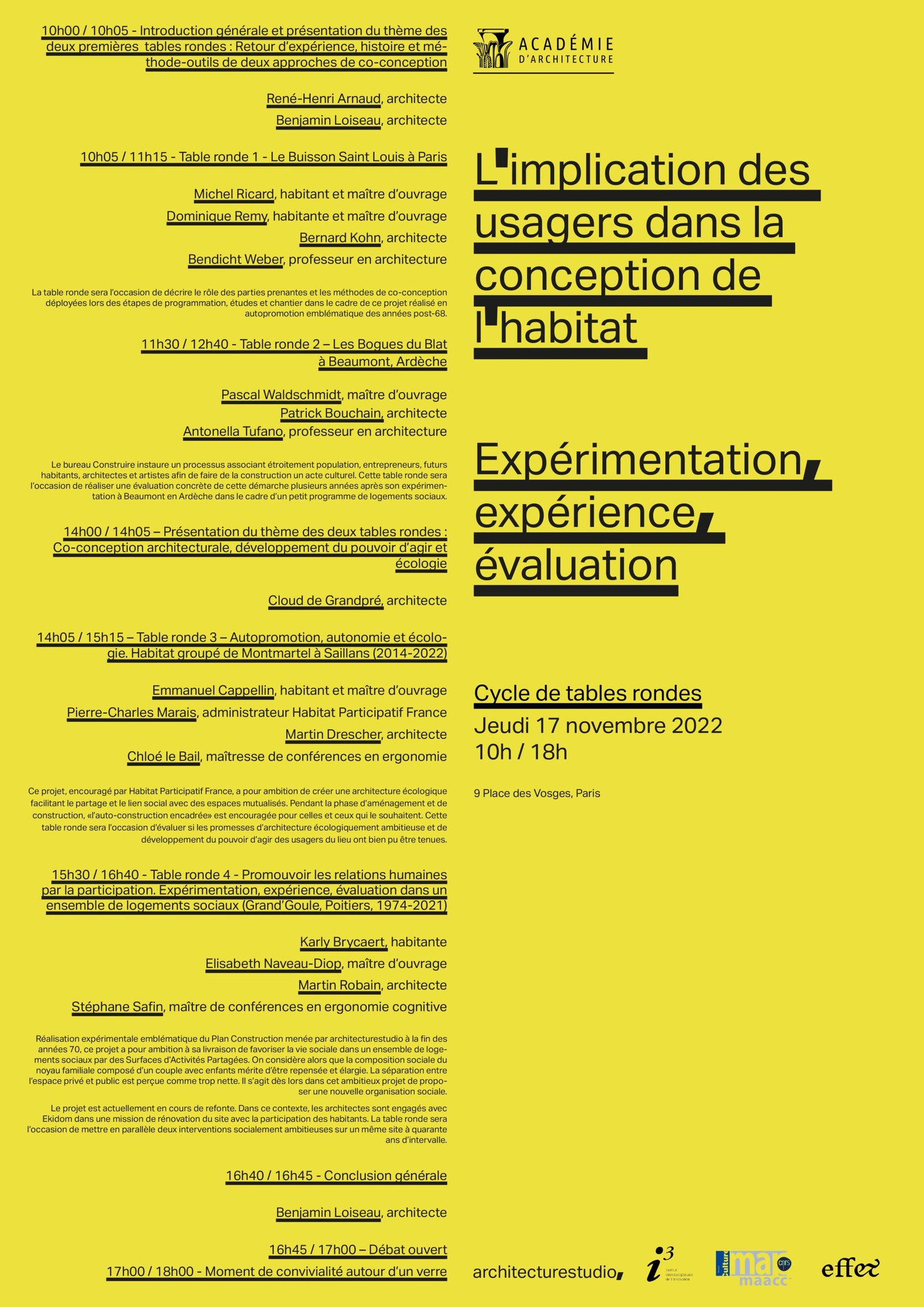 Affiche du cycle de tables rondes, Académie d’architecture, 17 novembre 2022