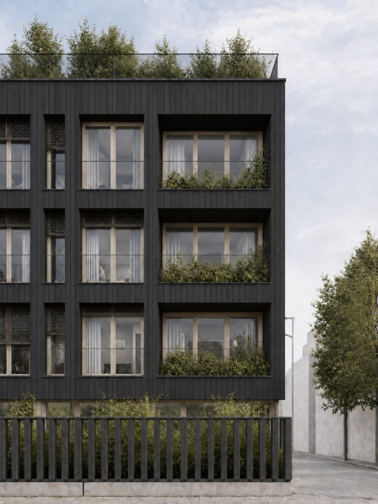 Façade sur rue de Bois de ville à Bezons, bardage en bois brûlé et toiture plantée