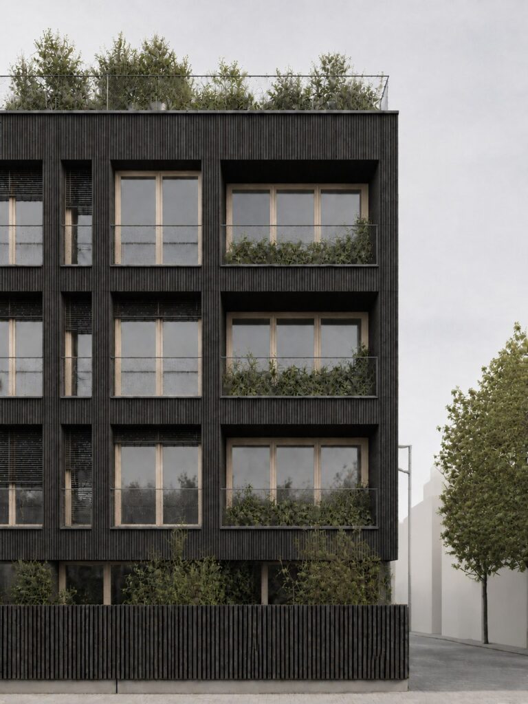 Façade sur rue de Bois de ville à Bezons, bardage en bois brûlé et toiture plantée