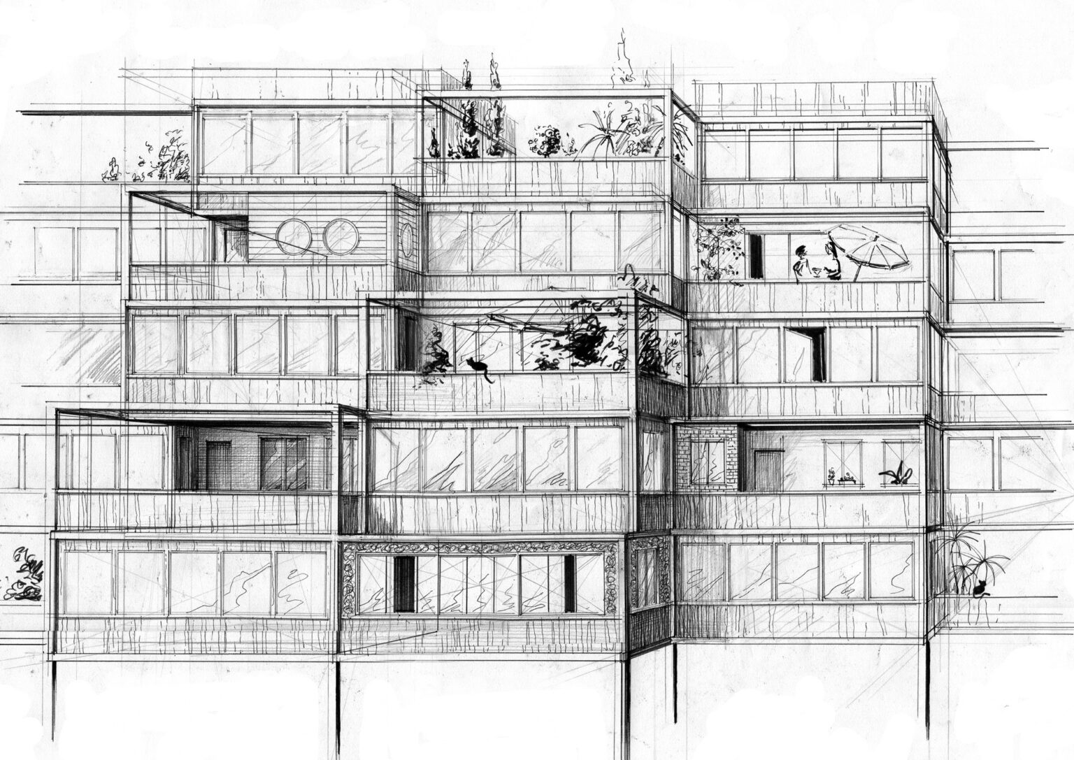 Coupe perspective de la cite cooperative a Marseille, une travee sur deux livree construite