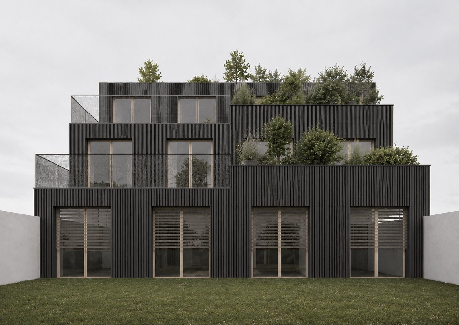 Façade jardin de Bois de ville à Bezons, gradins plantés et bardage en bois brûlé
