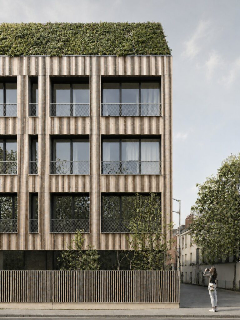 Façade sur rue des logements du 140 à Bezons, bardage bois à claire-voie et toiture végétalisée
