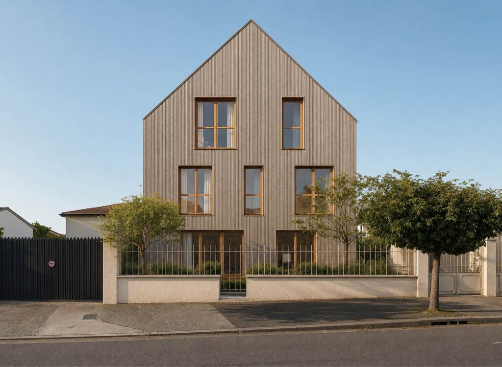 Les logements de la rue du Rateau à La Courneuve, façade bardée de bois clair sous pignon