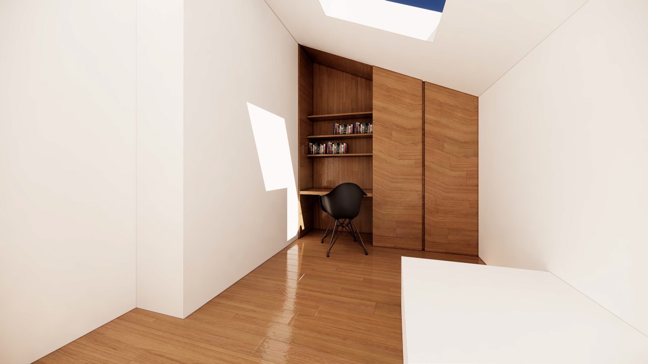 Le bureau et son mur de rangements en bois