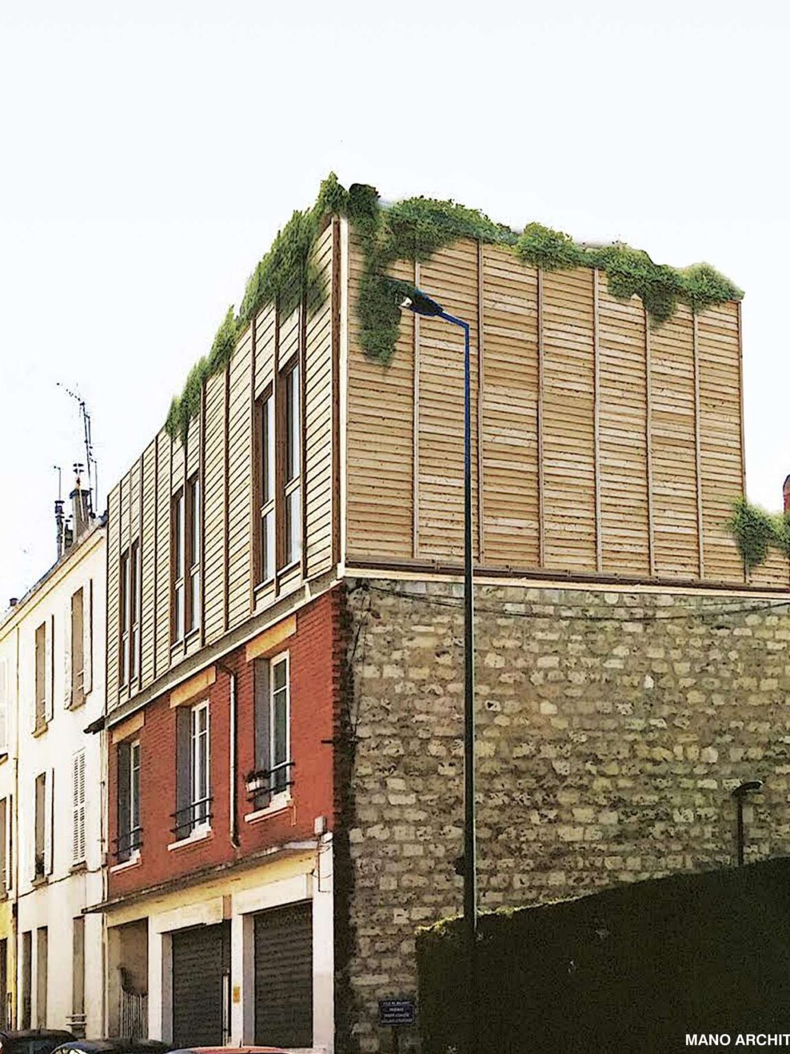 La maison des pianistes à Malakoff, surélévation bois végétalisée sur l’angle en pierre