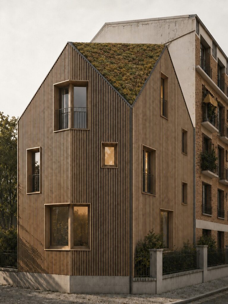 Maison-atelier en ossature bois à Pantin, bardage vertical et toit végétalisé