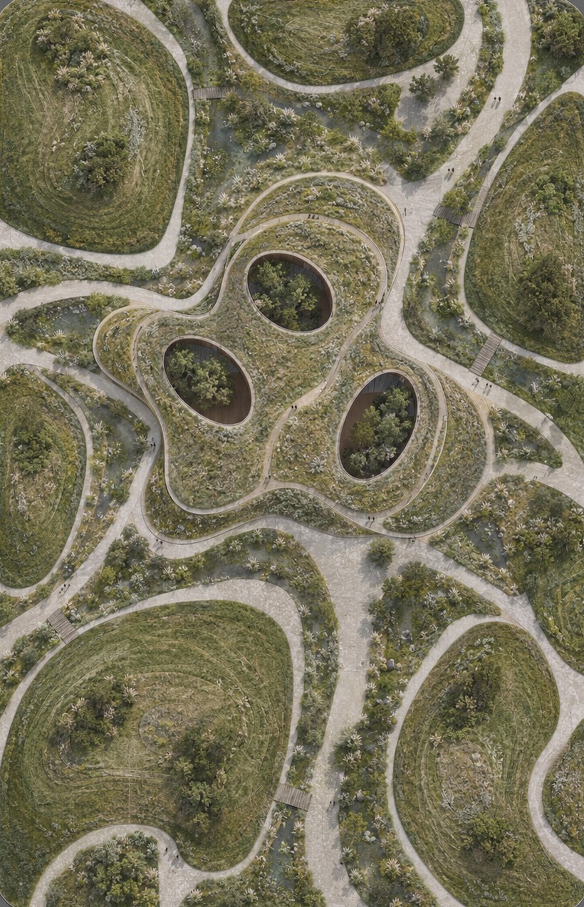 Vue aérienne du musée du paysage, trois patios dans la couverture végétalisée