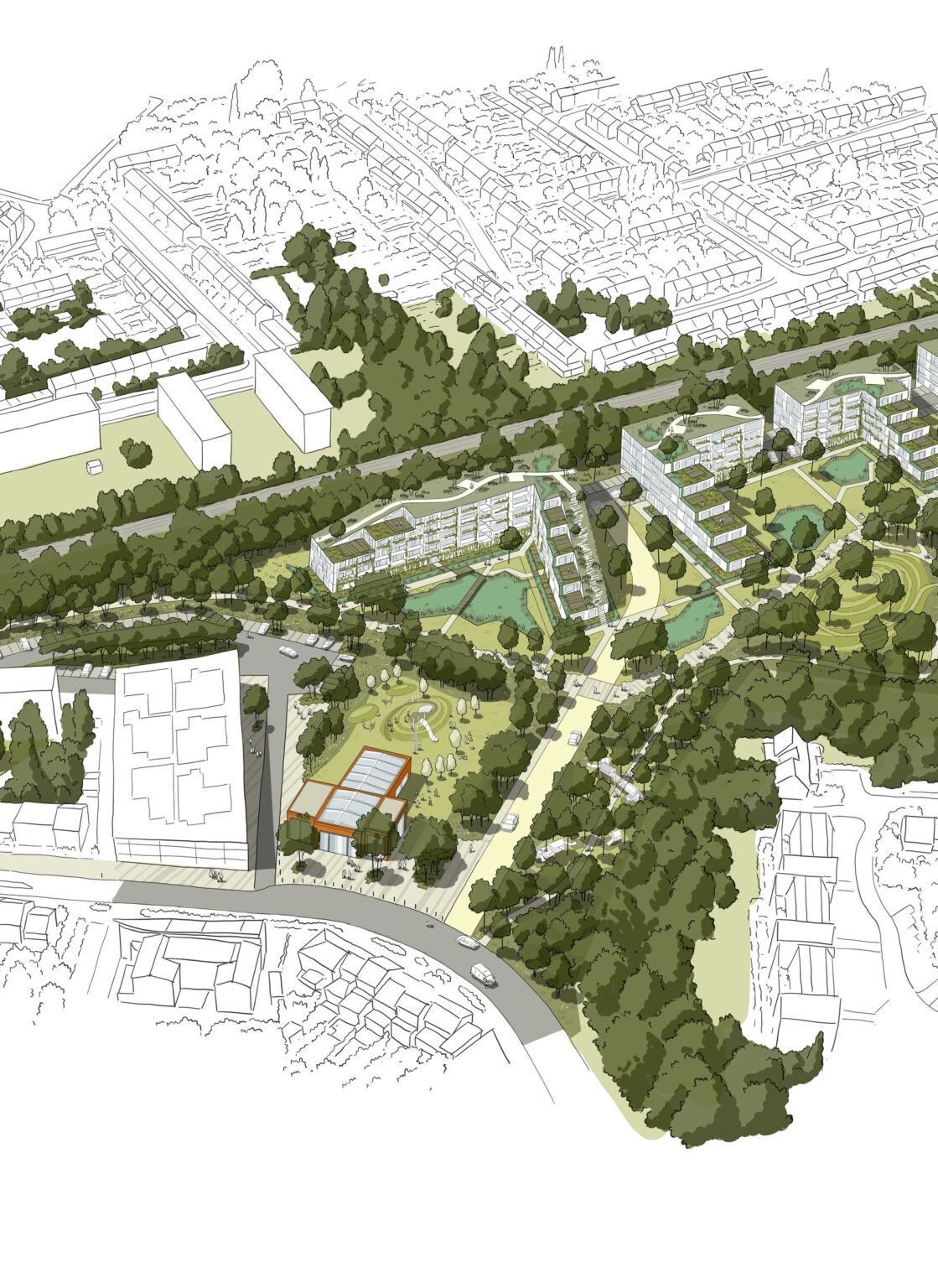 Aménagement paysager à Lambersart, axonométrie générale du parc habité