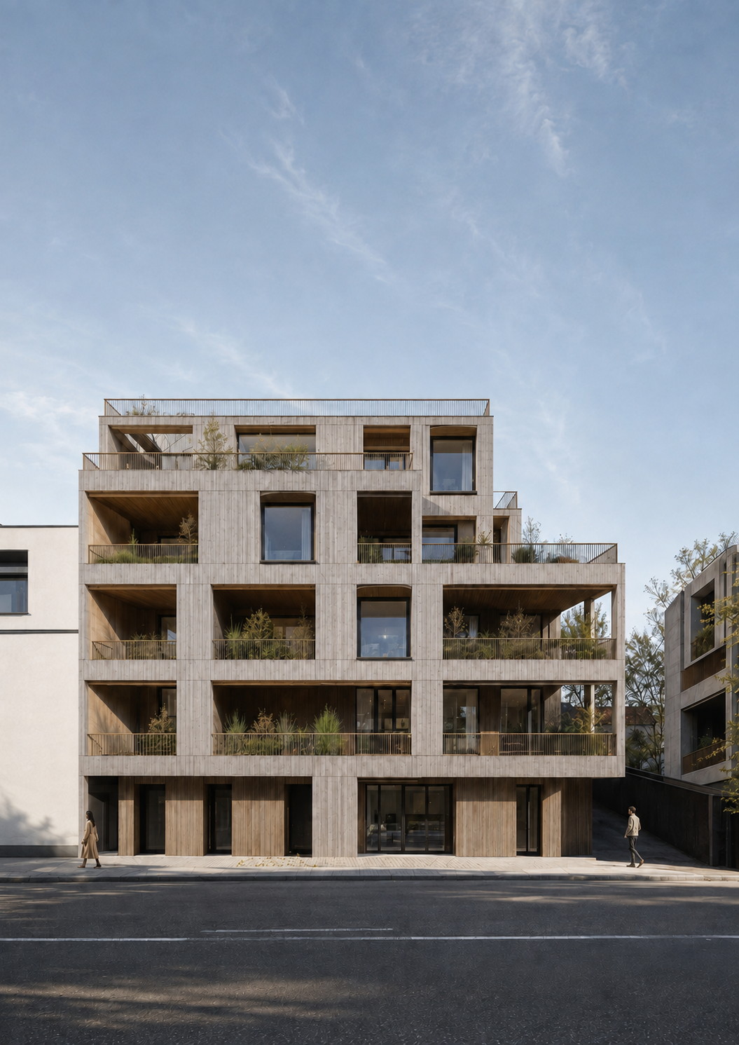 Façade sur rue de la résidence de la rue Béranger à Colombes, bardage en douglas prégrisé