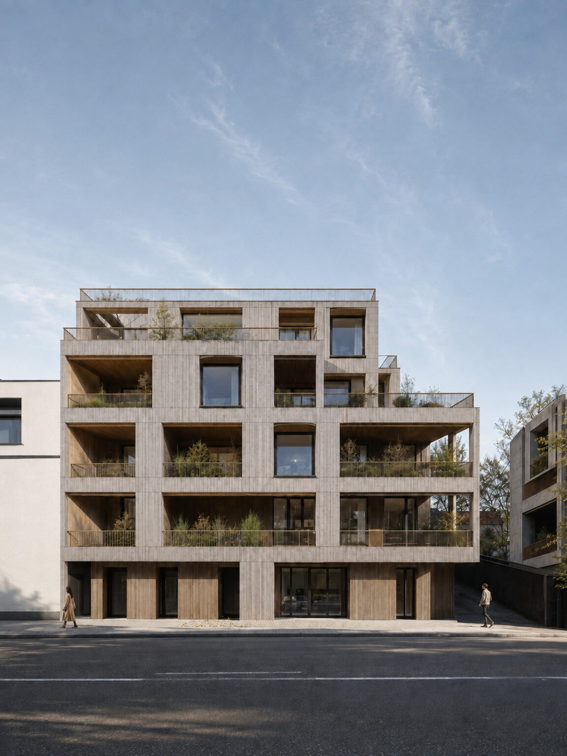 Résidence de la rue Béranger à Colombes, façade sur rue en douglas prégrisé