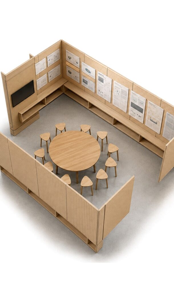 Axonométrie du showroom Smart Grid à Palaiseau, mobilier en bois lamellé perforé